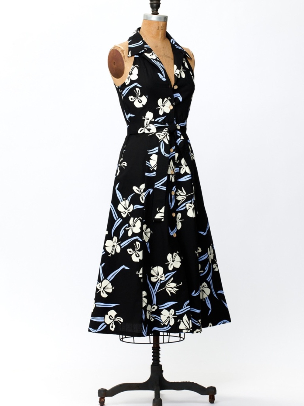 ROBERTA OAKS Vintage-Inspired Black Monstera print Tie-Waist Dress